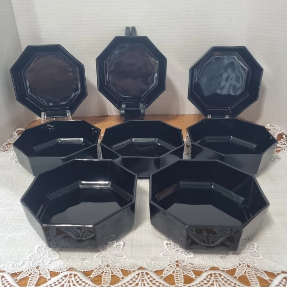 Vintage ARCOROC Black Octagon Bowls Set of 8 with Bonus Set of 2 Candle Holders